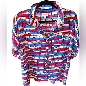 Lularoe large red, white, blue & black Amy cropped style shirt sleeve blouse.NWT